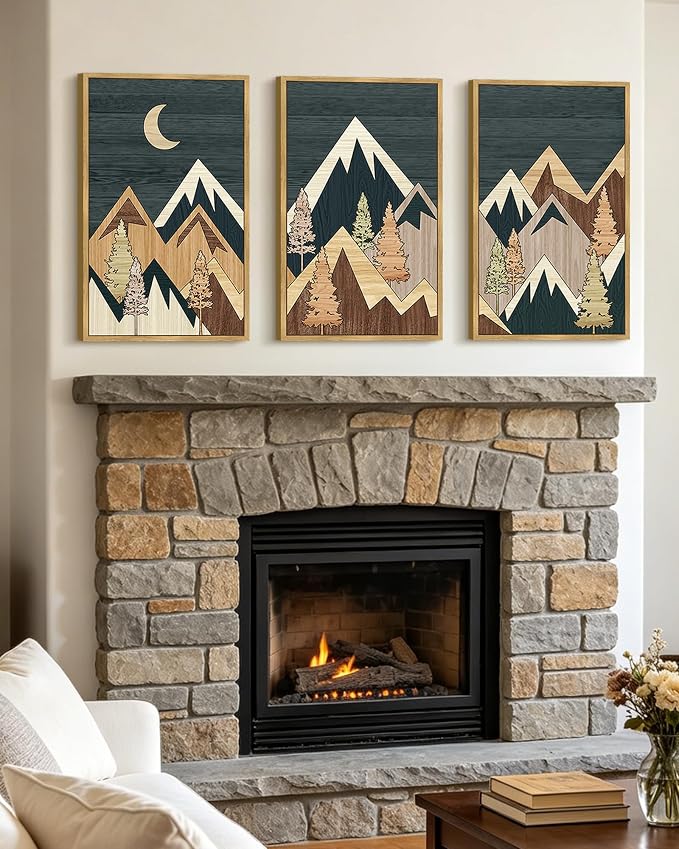 KUVIOKE Morden Mountains Framed Wall Art Boho Pine Tree Forest Nature Landscape Artwork Bohemain Farmhouse Rustic Bedroom Decor 16x24in (Natural Framed)