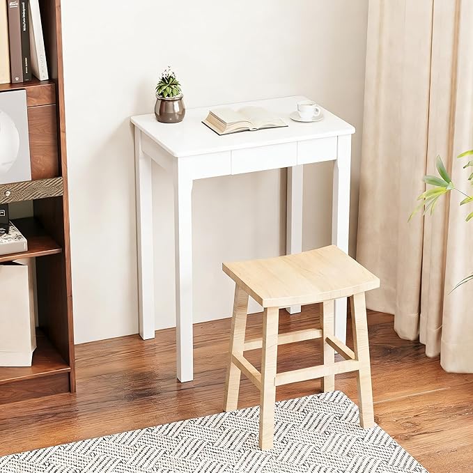 Solid Wood Desk with Drawers - 24 x 16 Inch Simple Narrow Desks, Rubber Wood Study Table, Small Writing Desk for Small Spaces|Bedroom - Modern White Desks