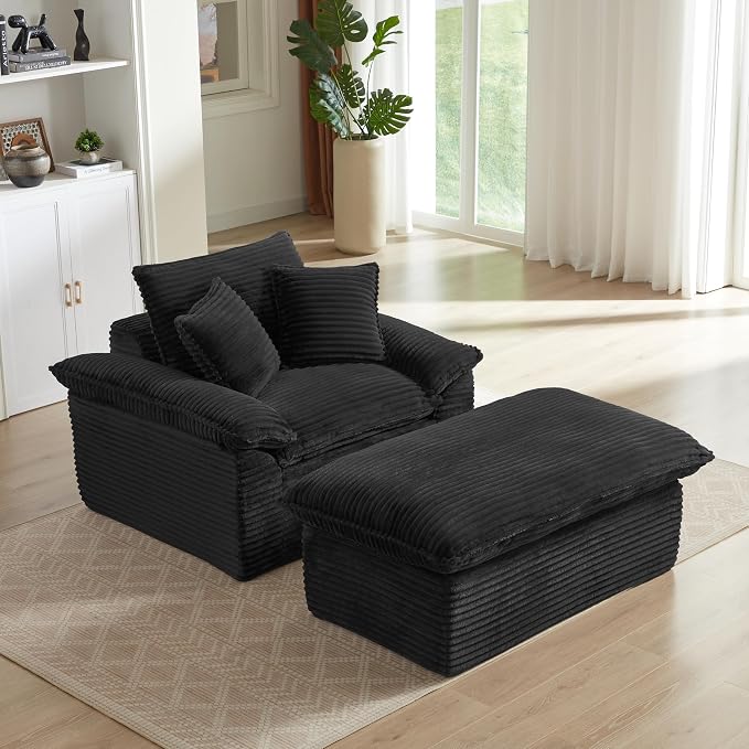 52" Boneless Chaise Lounge – Oversized Chaise Lounge Chair Indoor with Ottoman, Cup Holder & 3 Pillows, Corduroy 3-in-1 Floor Sleeper Chair Bed for Adults, Reading, Napping,Black | Breathable Material