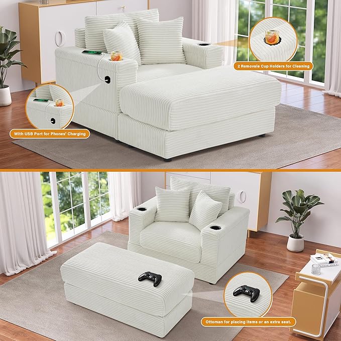 Oversized Chaise Lounge Chair Indoor with USB, Cup Holder & Ottoman, Firm Solid Wood Frame with Long Service Life Corduroy Oversized Lounge Reading Chair for Study Room - Beige White