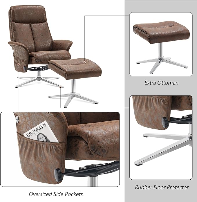 MCombo Swivel Recliner with Ottoman, Modern Heavy-Duty Aluminum Base, Faux Leather Lounge Chair for Small Space, Living Room, or Office 4603 (Brown)