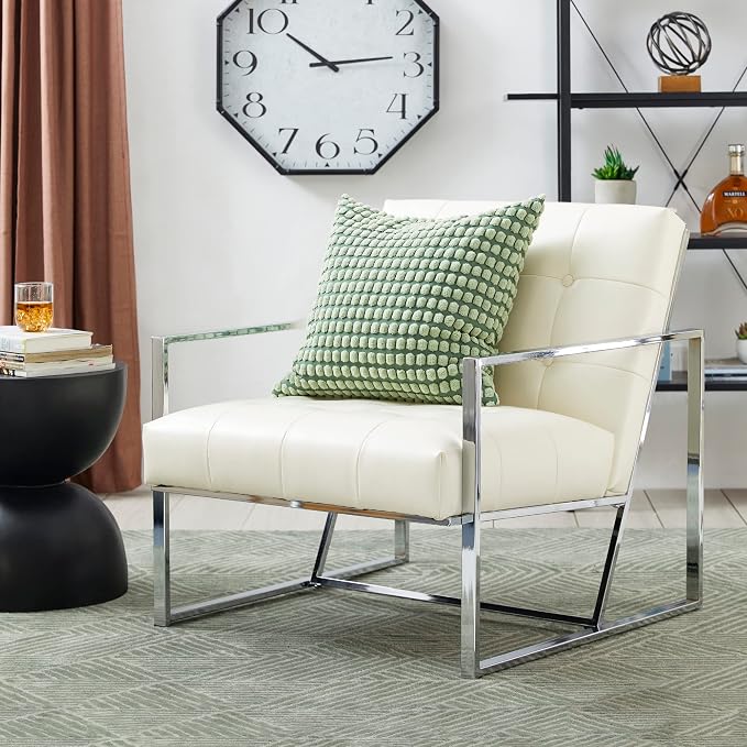 Glitzhome Mid Century Modern Accent Chairs Set of 2, Modern Living Room Chairs with Durable Metal Frame,PU Leather Cushioned, Reading Armchairs for Living Room, Bedroom, Home Office, Off White