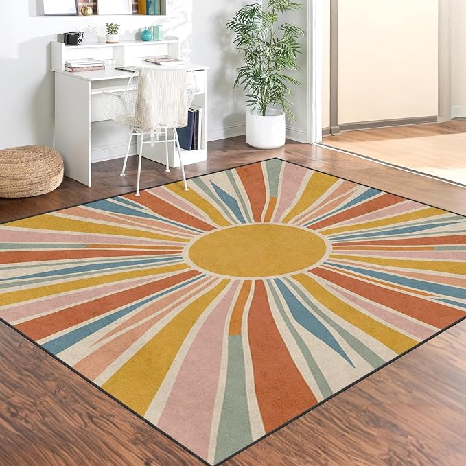 Area Rugs 3'x5' Washable Rug, Boho Retro Sunburst Stain Resistant Non Slip Backing Vintage Sunshine Carpet for Living Room Bedroom Dining Room