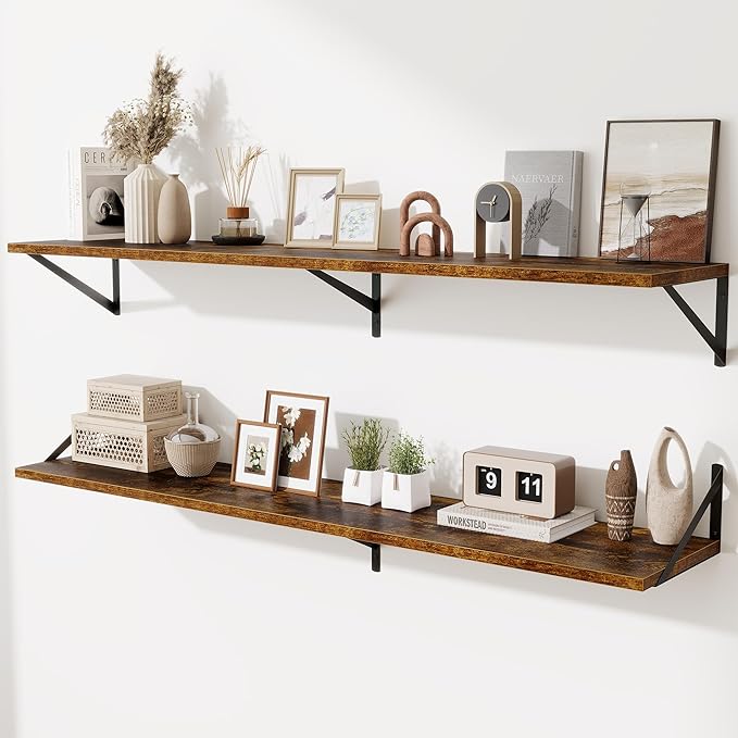 Deep Floating Shelves,55" Wx10 D Wood Wall Shelves Set of 2,Long Wood Floating Shelf with Metal Brackets,Floating Bookshelf for Living Room,Kitchen,Office,Bedroom,Decor Storage,Rustic Brown