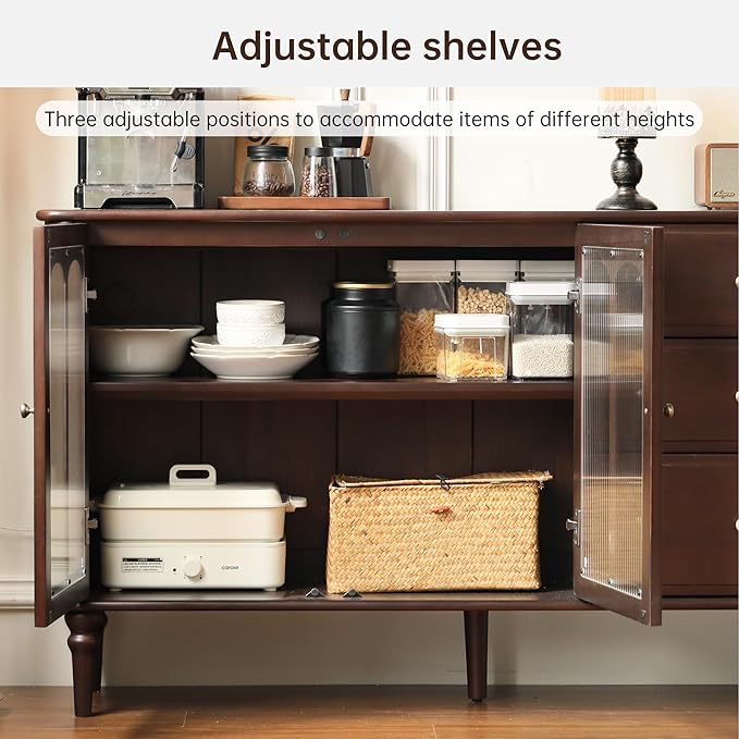 YESWOOD Mid-Century Modern Sideboard Buffet Cabinet with Storage, 49.2'' Vintage Storage Cabinet with Arch Fluted Glass Door & 3 Drawers for Dining Room, Living Room, Entryway, Walnut