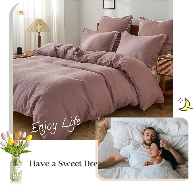 Simple&Opulence 100% Linen Duvet Cover Set, 3 PCS Natural French Flax Purple Duvet Cover Full Size, Breathable Soft Comfy Linen Bedding Comforter Cover with 2 Pillowcases(Purple, 78"x86")