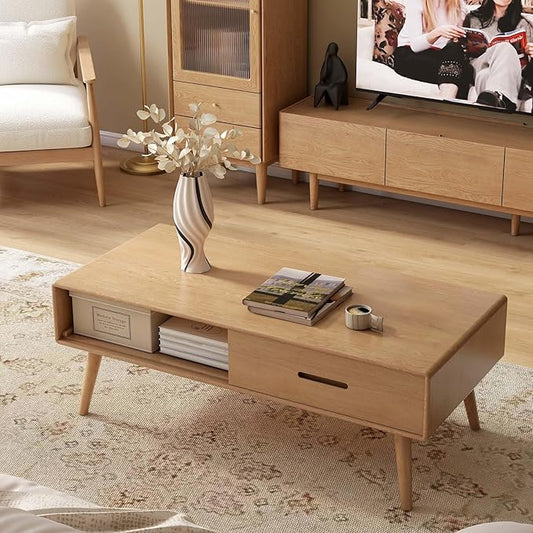 100% Solid Wood Coffee Table for Living Room, Mid-Century Modern Coffee Table with Storage Shelf and 2 Drawers, Oak Coffee Tables for Home (Natural Wood Color, 39.37'' W)