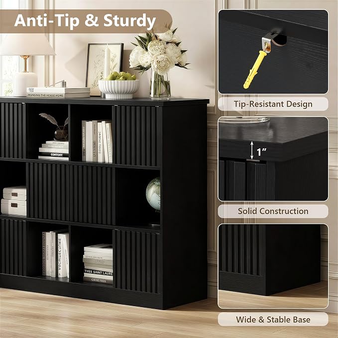 Einhomn 12 Cube Storage Organizer with Sliding Doors, Modern Fluted Bookshelf with Storage Cabinet, Wooden Bookcase with 6 Open Shelves for Living Room, Home Office, Bedroom, Black