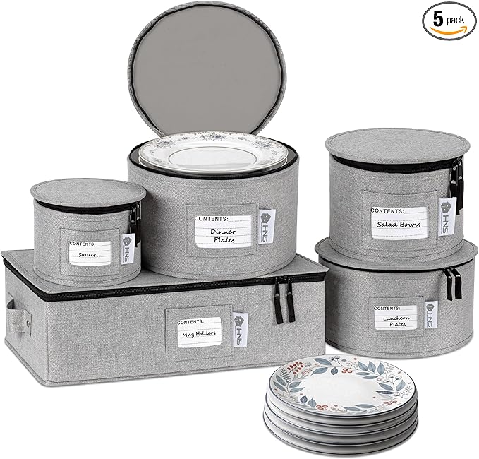 China Storage Hard Shell Containers 5-Piece Set Moving Boxes for Dinnerware, Glasses, Plates, Mugs and Saucers Sturdy Dish Organizer with Dividers for Seasonal Storage - Service for 12 - Gray