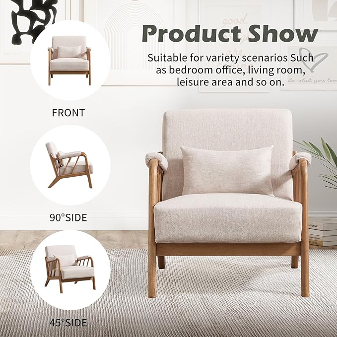 INZOY Mid Century Modern Accent Chair with Wood Frame, Upholstered Reading Armchair with Soft Linen Fabric, Accent Chair for Living Room Bedroom Apartment, Easy Assembly, Beige
