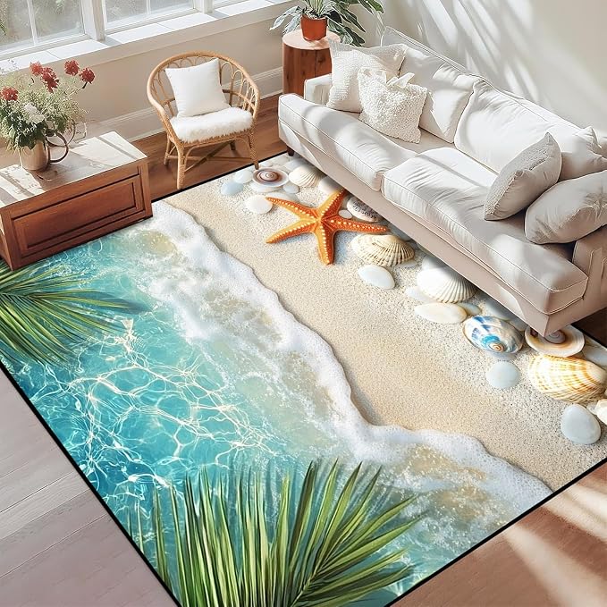 4'x6' Beach Rug Starfish Seashell Area Rugs for Bedroom Living Room Kitchen Nursery Playroom Home Decor Ocean Sea Wave Carpt 3D Non Slip Washable Throw Rug Coastal Seaside Floor Mat