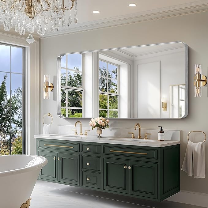 CIRCUMI Silver Bathroom Mirror, 36"x72" Rectangular Mirror with Deep Metal Frame, Rounded Corner, Tempered Glass, Large Mirror for Wall, Over 2 Sinks, Installed Vertically/Horizontally, Crystal-Clear