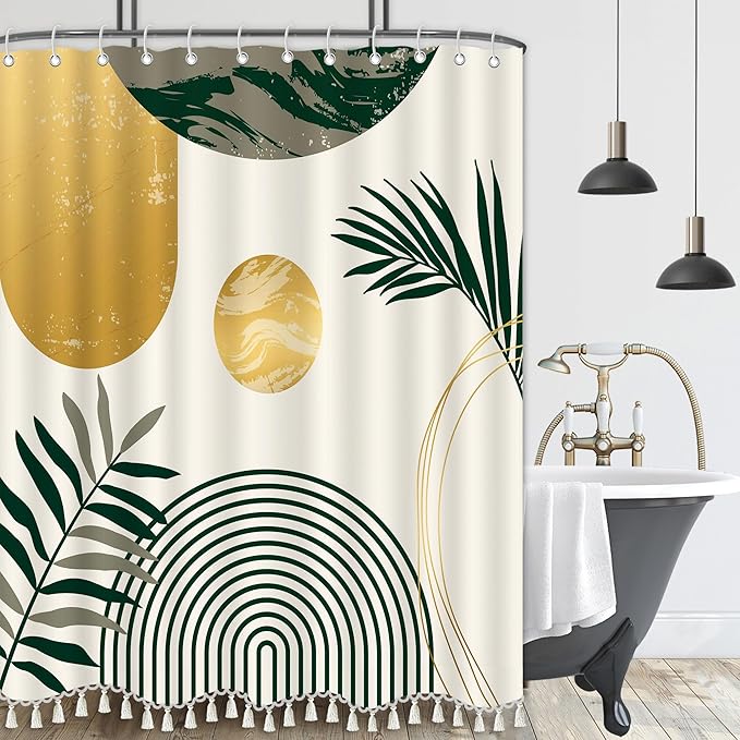 Boho Mid Century Leaf Shower Curtain Set,Arch Sun Design,Minimalistic Leaves Pattern,Waterproof and Luxurious Fabric-12 Hooks(Sage Green-72" x 84")