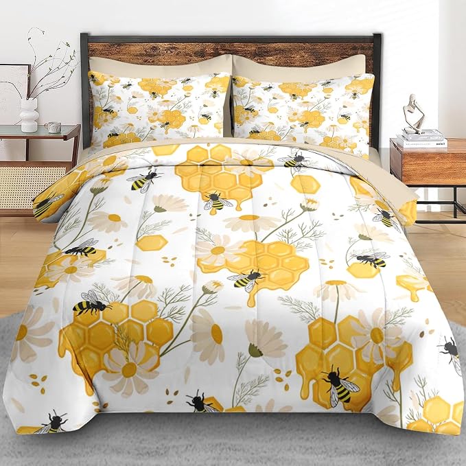 Pamnest Comforter Set Queen Size, Bees Honey Flower 7 Pcs Bedding for Kids and Adults, Floral Animals Summer Bed Sheet Sets with Fitted Sheet 2 Pillowcases & 2 Shams for Bedroom Bed Decor