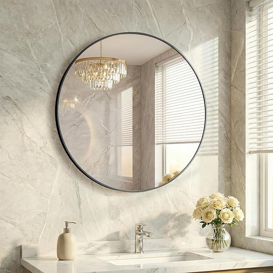 20 Inch Black Round Bathroom Wall Mirror, Round Mirrors for Wall Decor, Circle Mirror for with HD Shatter-Proof Glass for Entryway, Living Room, Bedroom, Dressing Room, Home Decor
