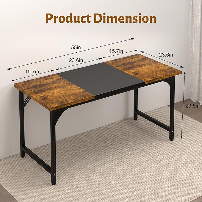AZN 55 X 24 inch Computer Desk w/Deeper & Thicker Desktop, Office Desk w/Sturdy Metal Frame, Modern Simple Desk w/Large Legroom, Study Gaming Writing Work Desk for Home Office, Bedroom