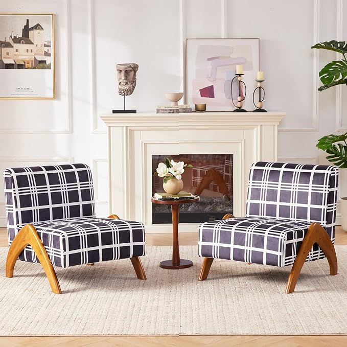 Oversized Accent Chair, upholstered armless mid Century Modern Living Room Chair with Wooden Legs for Bedroom/Office/Cafe, Plaid Black