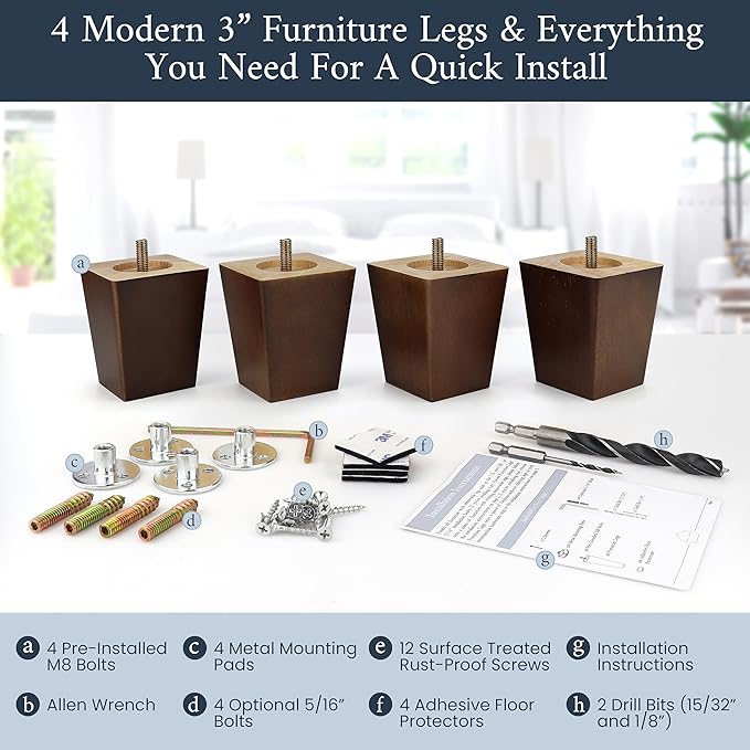 Premium Walnut Square Furniture Legs (Full Install Kit) - Pick Your Size and Color