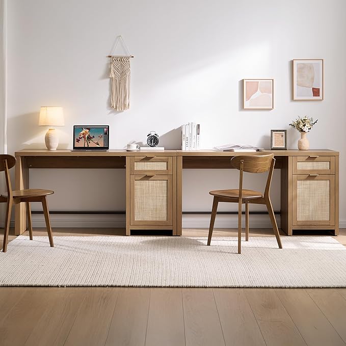 SICOTAS Rattan Home Office Desk, 2 Pieces Farmhouse Boho Executive Desk with Storage Cabinets and Drawers, Larger Writing Desk for Office, Study, Living Room, Oak