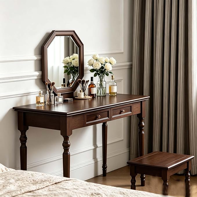 Walnut Writing Desks with Drawers, 47" Solid Wood French Country Style Computer Desk for Home Office, Living Room Study or Workspace