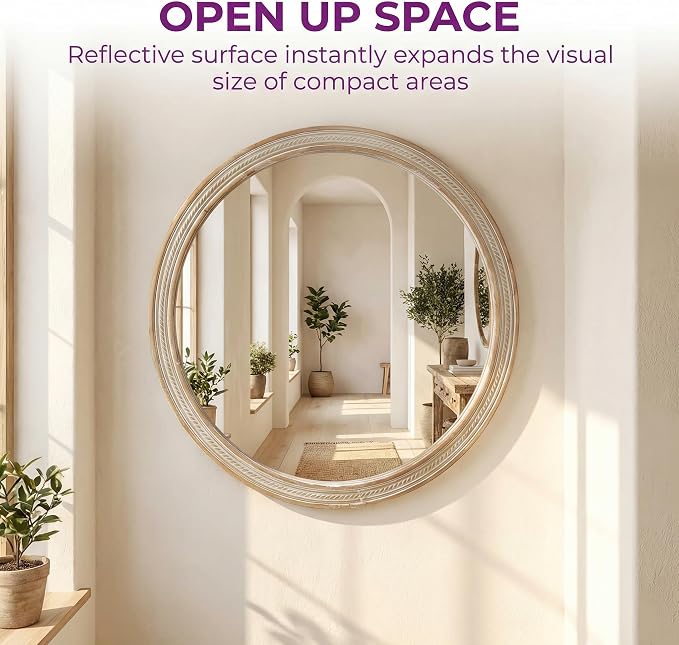 23.62'' Rustic Modern Round Wall Mirror with Rattan Textured & Pre-Installed Hanging, Decorative Mirror with Large Reflective Surface for Bathroom Bedroom Living Room, Natural