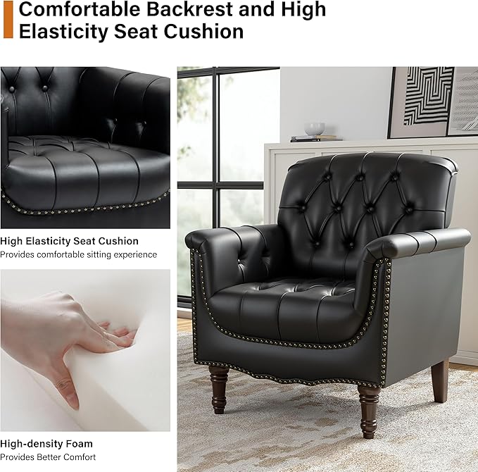 Faux Leather Club Chair, Retro Upholstered Armchair Accent Chair with Solid Wood Legs & Nailhead Trim for Living Room, Bedroom, Reading Room, Black