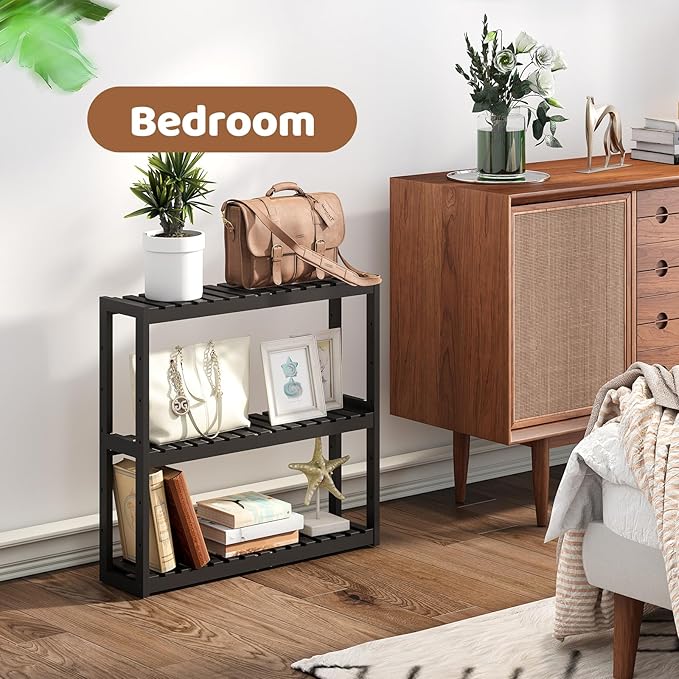 Bathroom Shelf Bamboo Organizer Rack Adjustable 3-Tier Storage Shelf Wall Mounted Storage Rack Over The Toilet Utility Shelves Living Room Kitchen Shelf(Black)