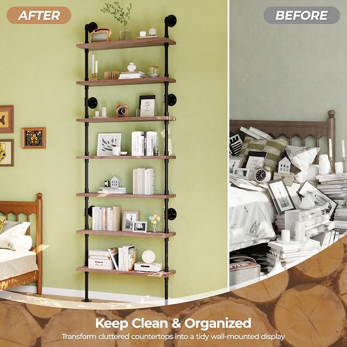 7 Tier Industrial Wall Mounted Ladder Shelf Bookcase, Rustic Wood Metal Pipe Industrial Shelves for Living Room Decor and Storage (Weathered Brown, 7 Tier - 10" D x 36" W x 95.5" H)