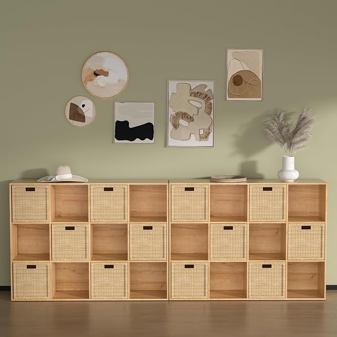 Wooden 12 Cube Storage Organizer with Closed Back Panel,Natural Oak Cube Shelf Cubby Storage Organizer with Compartments for Living,Bookshelf, Easy to Install (Oak, 12-Cube-11in)