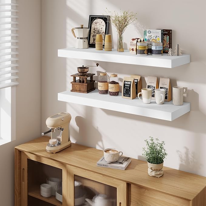 Fun Memories Floating Shelves for Wall, 40 Inch Floating Shelf for Home Decor, Wall Mounted Rustic Wood Shelves 12 Inch Deep, Hanging Deep Shelf for Bedroom, Living Room, Kitchen, White, Set of 2