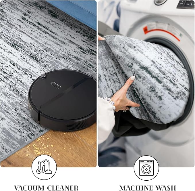 Lansny Modern Abstract Runner Rug 2.6x18, Black Grey White Washable Long Kitchen Runner Non-Slip Soft Hallway Rug Runner Thin Print Faux Wool Carpet for Entryway Bedroom Laundry Room Indoor Home Decor
