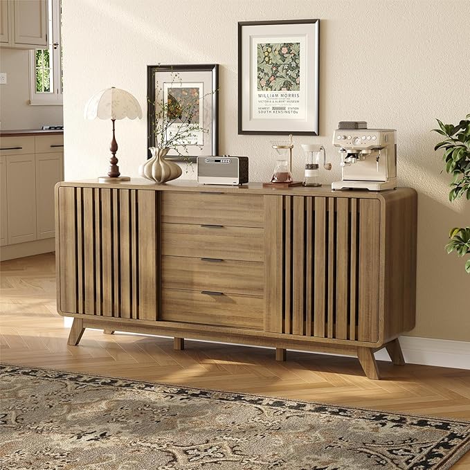 ONBRILL Sideboard Buffet Cabinet with Storage, Fluted Buffet Cabinet with Sliding Doors & 4 Drawers, Mid Century Modern Coffee Bar Wine Bar Credenza for Living Room, Kitchen (Natural Oak)