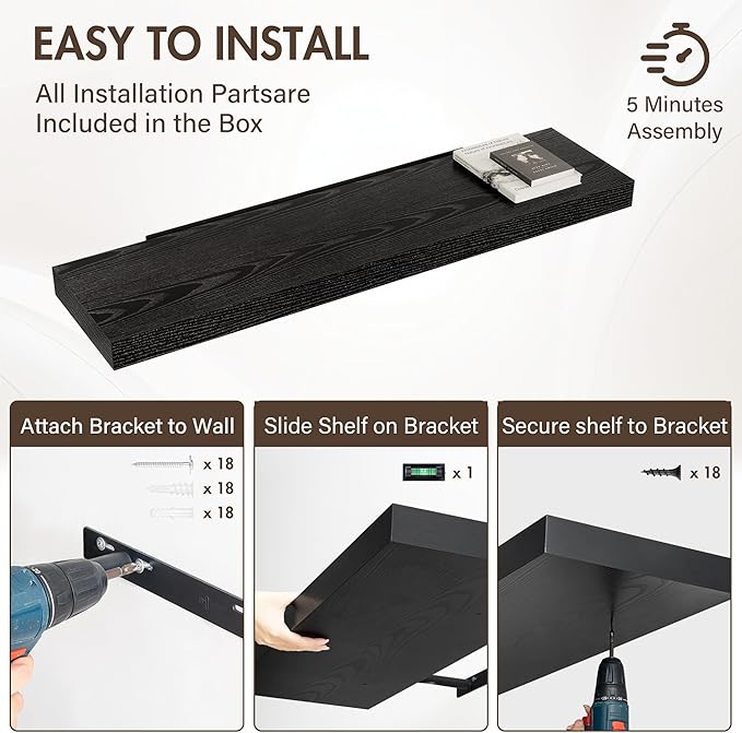 48 Inch Floating Shelves, 12" Deep Floating Shelf Wall Mounted, 48" Wall Shelves, Rustic Deep Bookshelf, Extra Deeper & Thicker Display Shelves for Bedroom, Living Room, Black, Set of 2