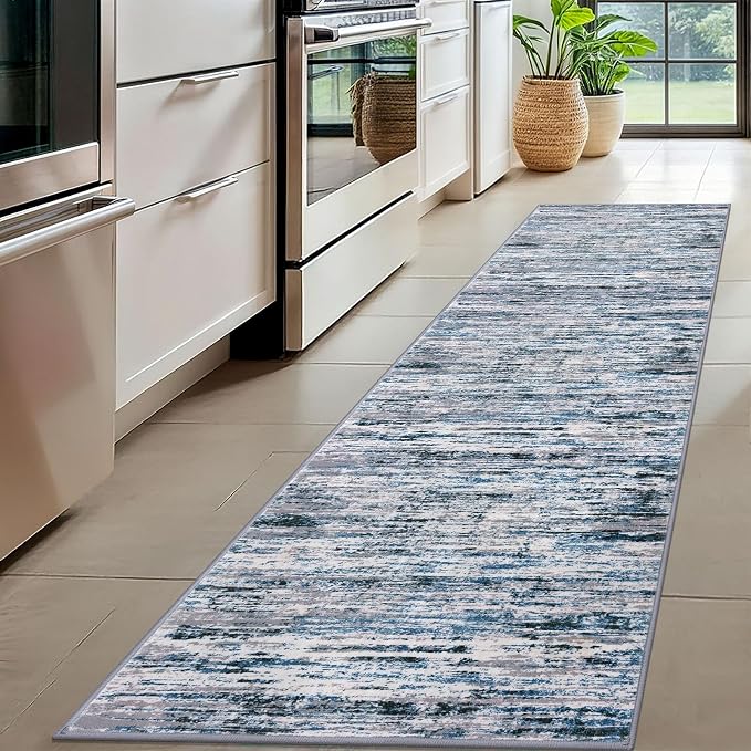 Lansny Modern Abstract Hallway Runner Rug, Grey Blue White Washable Kitchen Runner Non-Slip Soft 2x8 Runner Rug Thin Print Faux Wool Carpet for Entryway Bedroom Laundry Room Indoor Home Decor