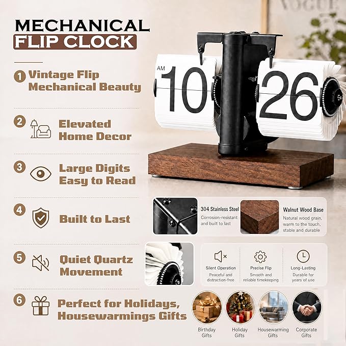 FOSA Flip Desk Clock, Retro Vintage Mechanical Flip Clock with Large Numbers, Silent Desk Table Clock with Wood Base for Home Office Desk Decor Living Room Study Room (Black)