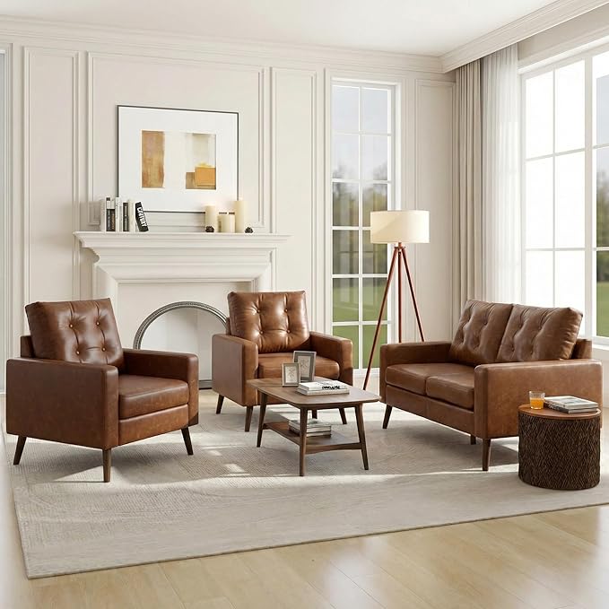 Wahson Accent Chairs Set of 2, Faux Leather Tufted Single Sofa, Brown Oversized Club Chair, Mid Century Modern Armchair with Wood Legs for Reading/Living Room/Bedroom