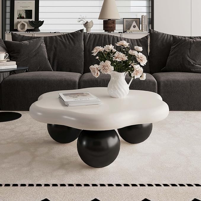 35" Modern Coffee Table Petal Shape Low Center Table Cute Irregular Indoor Tea Table with 3 Ball Legs for Living Room Apartment