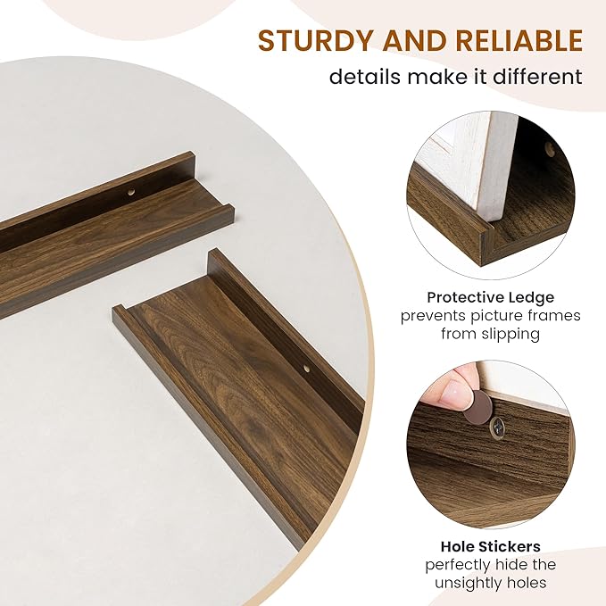 Axeman Picture Ledge Shelf, Floating Shelves for Wall Decor Storage Set of 6, 55 inch Floating Wall Mounted Shelves, Shelves with Lip for Living Room, Bedroom, Nursery, Bathroom, Kitchen, Walnut