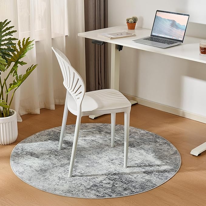 WITSHOCK 6ft Round Area Rug for Living Room: 6x6 Washable Neutral Modern Abstract Soft Thin Rug Indoor Floor No Slip Rug Carpet for Bedroom Under Dining Table Home Office Decor (Gray)