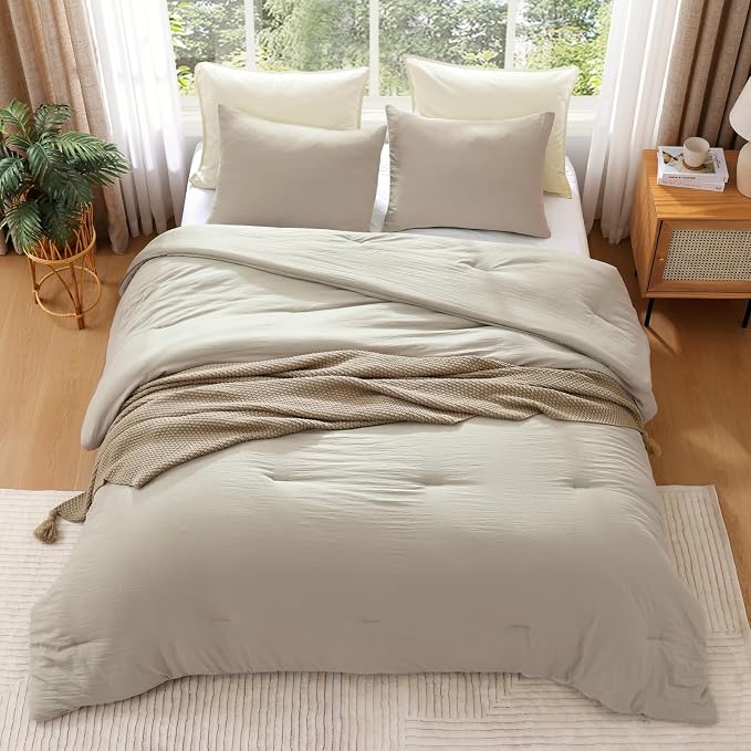 WRENSONGE California King Comforter Set - 3 Pieces Prewashed Light Oatmeal Comforter Soft Lightweight for All Seasons,Down Alternative Comforters California King Size with 2 Pillow Shams