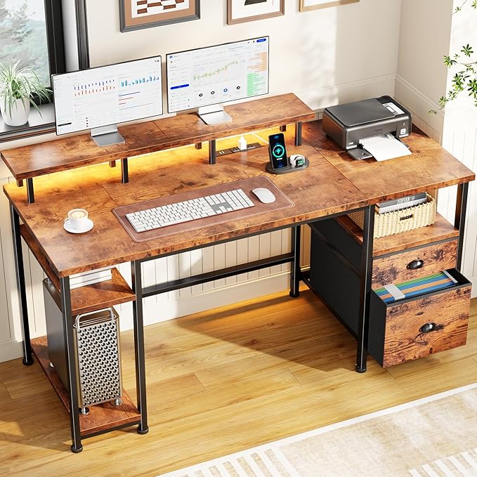 Furologee 61" Computer Desk with Power Outlet & LED Lights, Reversible Gaming Desk with File Cabinet & Monitor Stand for Home Office, Writing Study Table with Storage Shelves and Drawer, Rustic Brown