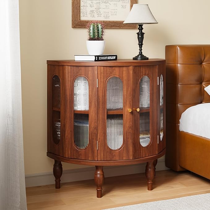 XUZENEST 31'' Sideboard Buffer Cabinet with Storage, Semi-Circle Modern Accent Storage Cabinet with Wooden Finish & Acrylic Doors, Console Table for Living Room Entryway Hallway (Walnut)