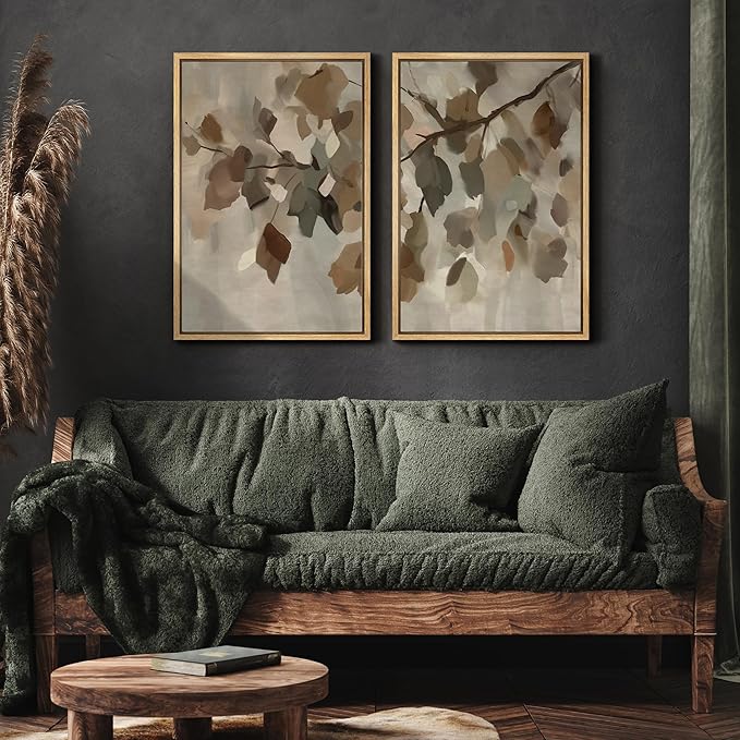 MUDECOR Framed Canvas Print Wall Art Set Abstract Leaf Branch Minimalist Nature-Inspired Beige and Brown Calm/Zen for Living Room, Bedroom, Office - 24"x36"x2 Natural