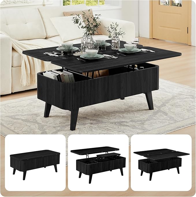 Fluted Lift Top Coffee Table, 3 in 1 Convertible Coffee Tables Converts to Dining Tables, Modern Oval Wooden Center Table with Storage for Living Room Office Small Space, Partial Assembly (Black)