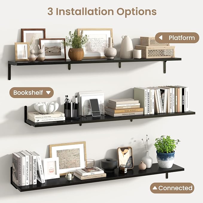 Fun Memories Deep Floating Shelves, 55W x 8D Floating Shelves Set of 2, Wall Mounted Shelf with Metal Brackets, Rustic Wood Wall Shelf for Bathroom, Kitchen and Living Room, Black