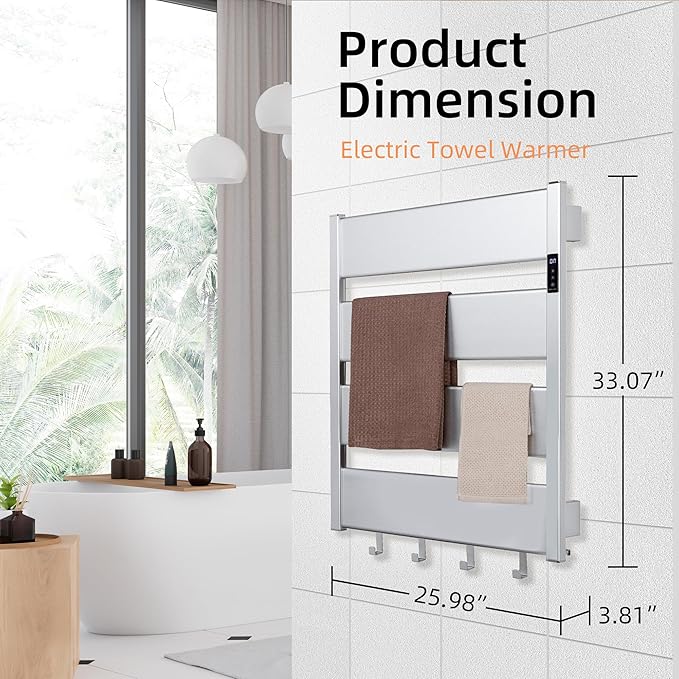 K&KALONZO Smart Electric Towel Warmer with 3-Level Timer & Temp Control, 2H Rapid Dry Aerospace Aluminum Heated Towel Rack, Hardwired/Plug-in Wall Mounted Towel Heater with 4 Hooks, Sliver,H4-S