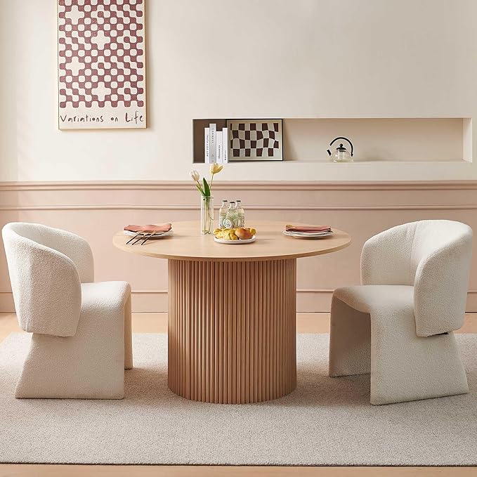 NORDICANA 3-Piece Round Dining Table Set for 2, Rustic 47-Inch Kitchen Table and Chair Set, Dining Set with Off White Upholstered Armchairs, Manufactured Wood Top with Oak Veneer