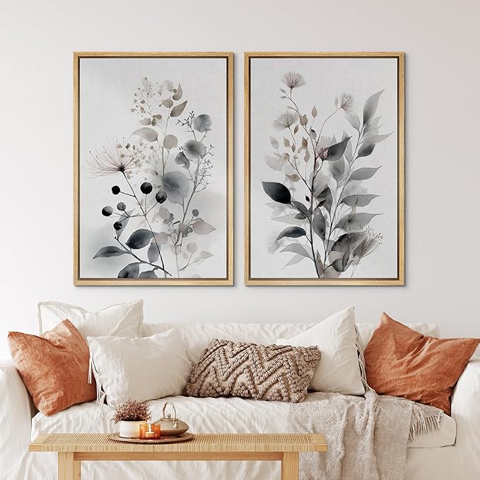IDEA4WALL Framed Canvas Print Wall Art Set Neutral Botanical Watercolor Monochrome Leaves and Flowers Illustrations Modern Art Decorative Calm/Zen for Living Room, Bedroom, Office - 24"x36"x2 Natural