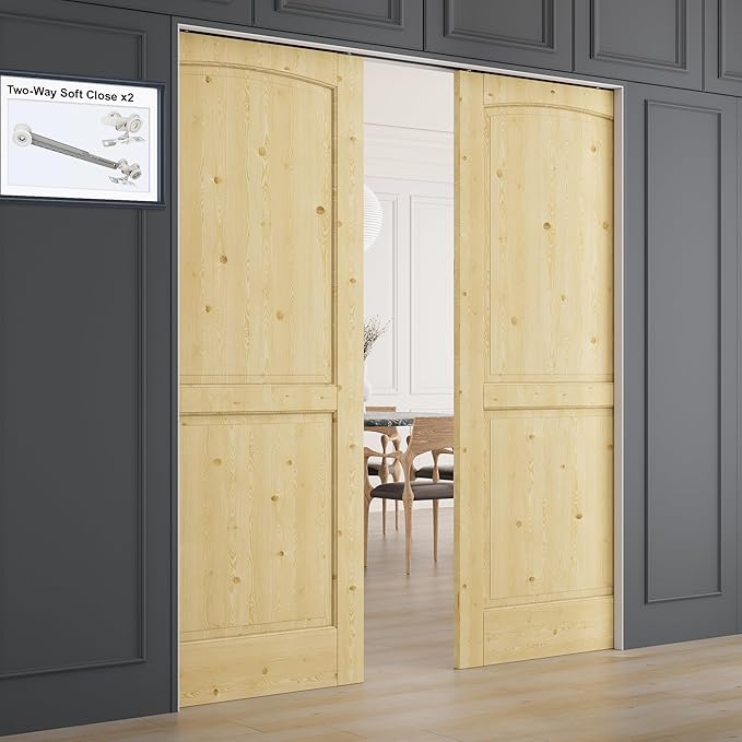 64" x 80" (Double 32" x 80") 2 Panel Arch Top All-Inclusive Soft Close & Solid Core Sliding Pocket Door, Pine Wood Door with Frame & Hardware Kit, Pocket Interior Doors for Home, Unfinished