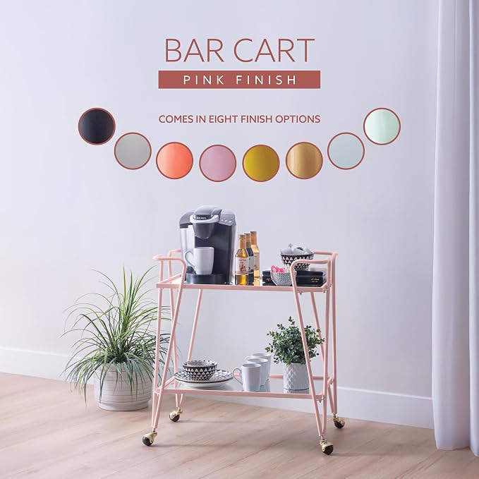 Gina Pink Mid-Century Bar Cart with Mirrored Shelves and Locking Wheels by Linon